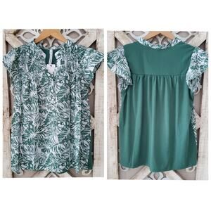NY Collection Women's Small Cap Ruffle Sleeve Smocked Button Blouse Top in Green